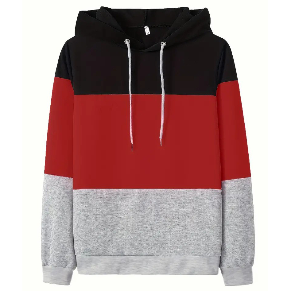 Women's Color Block Hoodie, Long Sleeve Drawstring Thermal Hoodies Sweatshirt, Women's Clothing - Black & Red, XXL