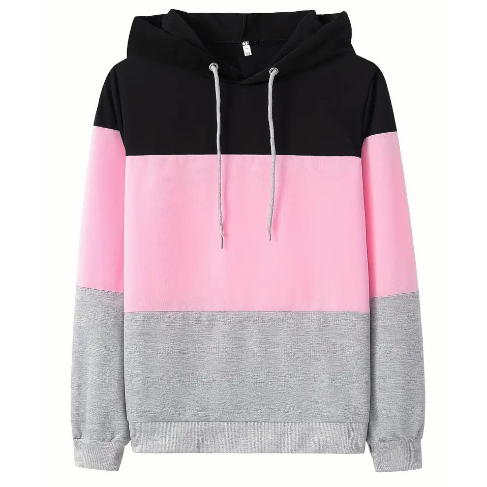 Women's Color Block Hoodie, Long Sleeve Drawstring Thermal Hoodies Sweatshirt, Women's Clothing - Black & Pink, XXL