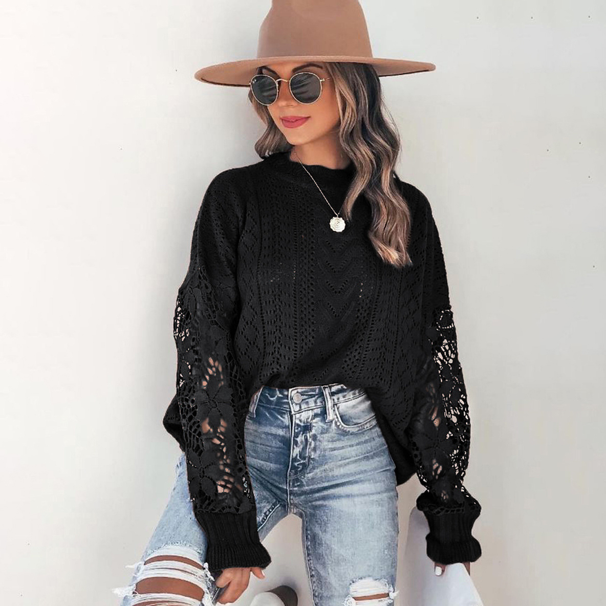 Lace Eyelet Knit Sweater, Casual Crew Neck Long Sleeve Sweater, Women's Clothing - Black, XL