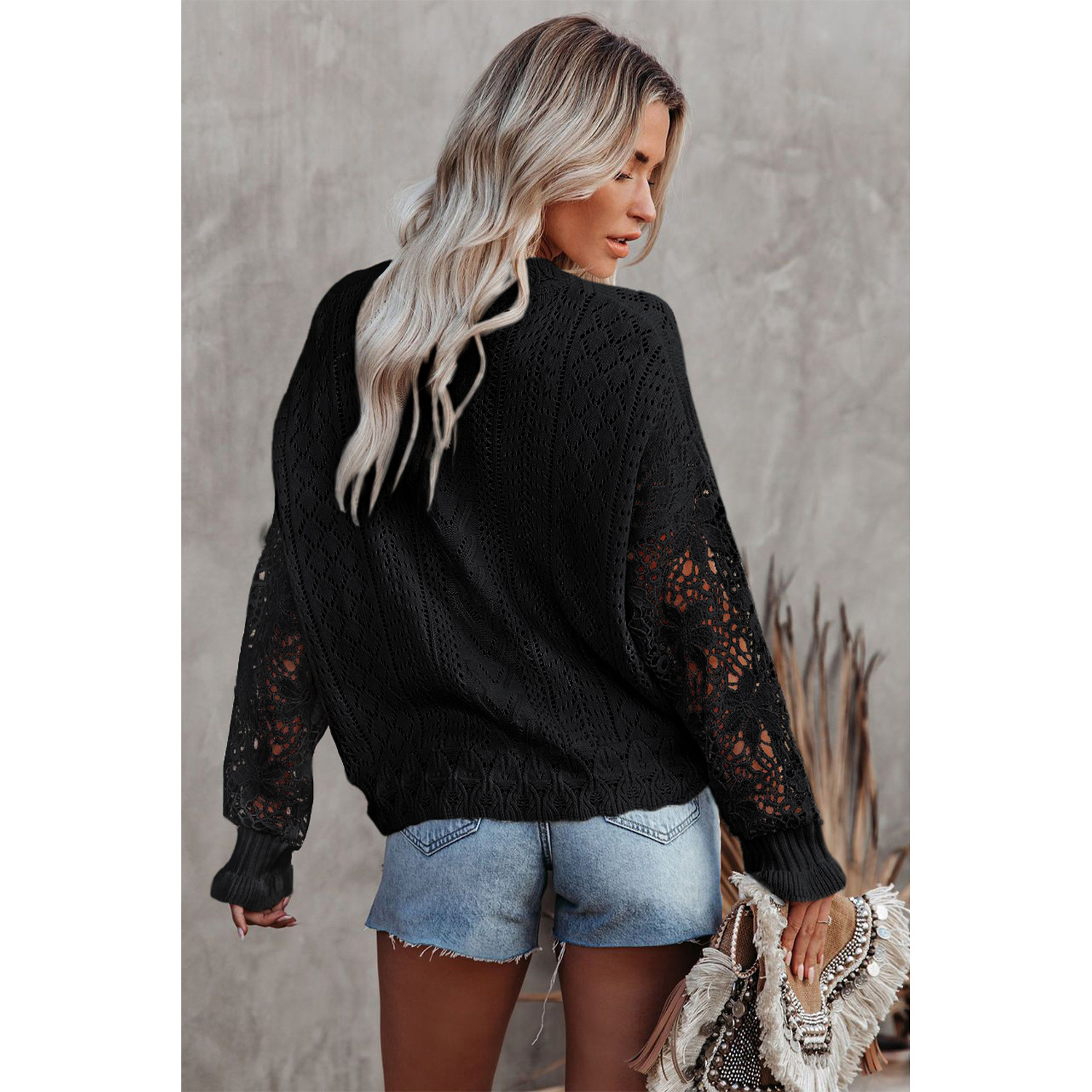 Lace Eyelet Knit Sweater, Casual Crew Neck Long Sleeve Sweater, Women's Clothing - Black, L
