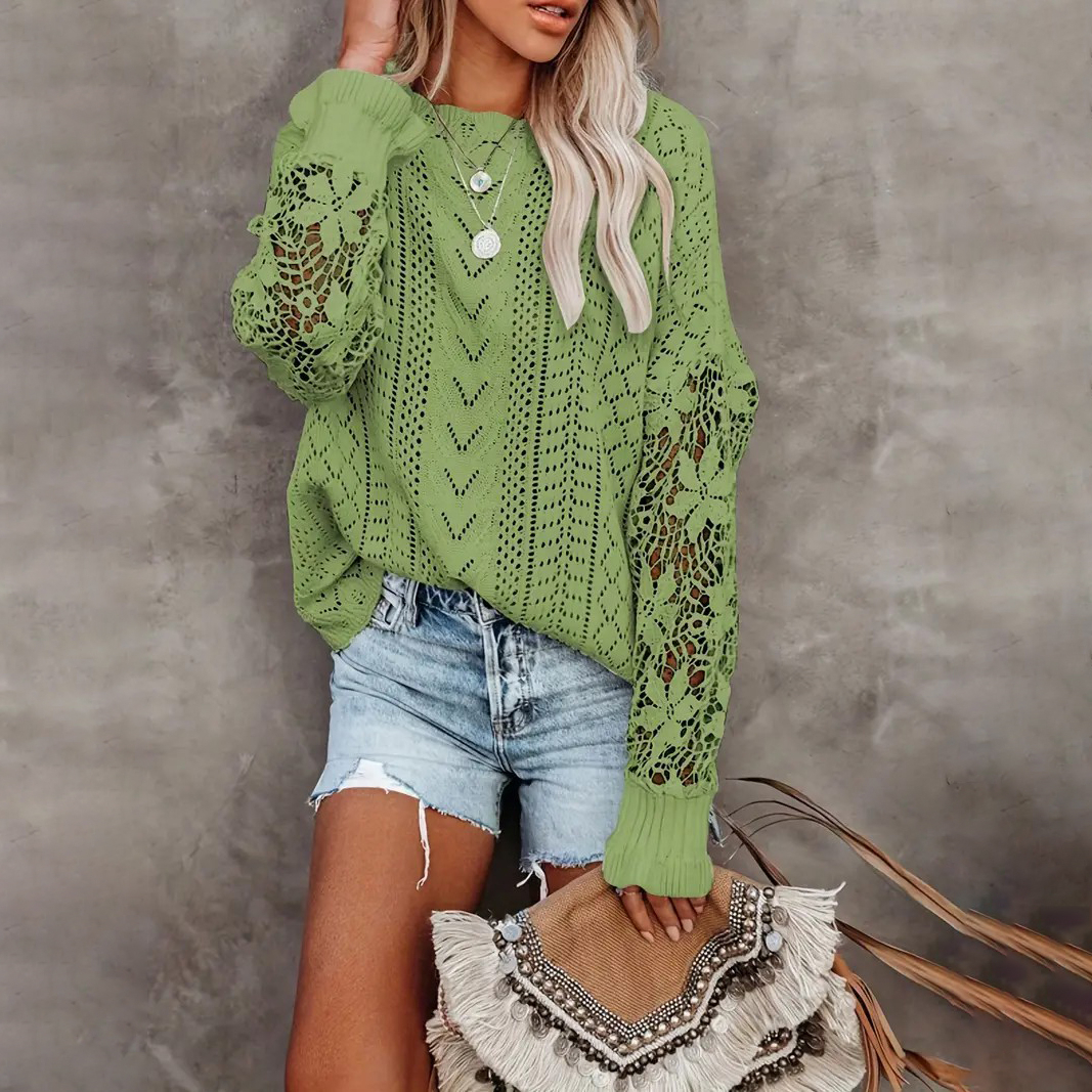 Lace Eyelet Knit Sweater, Casual Crew Neck Long Sleeve Sweater, Women's Clothing - Green, XL