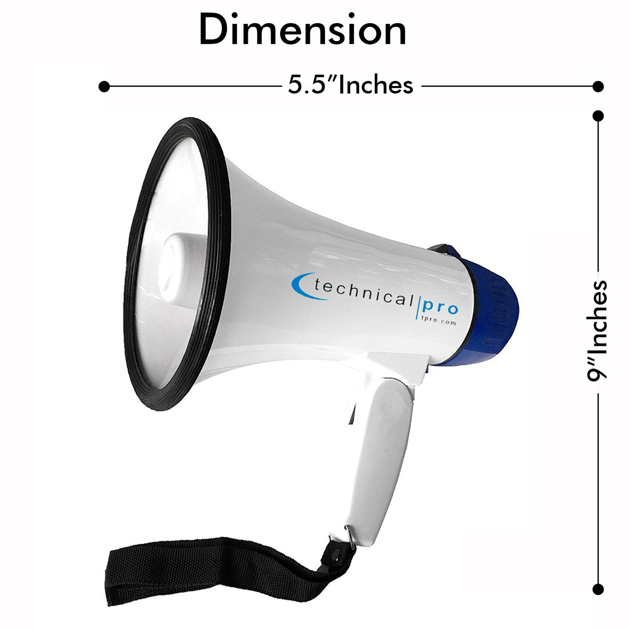 Technical Pro 20 Watts Lightweight Portable 300M Range White And Blue Megaphone Bullhorn With Strap, Siren, And Volume Control