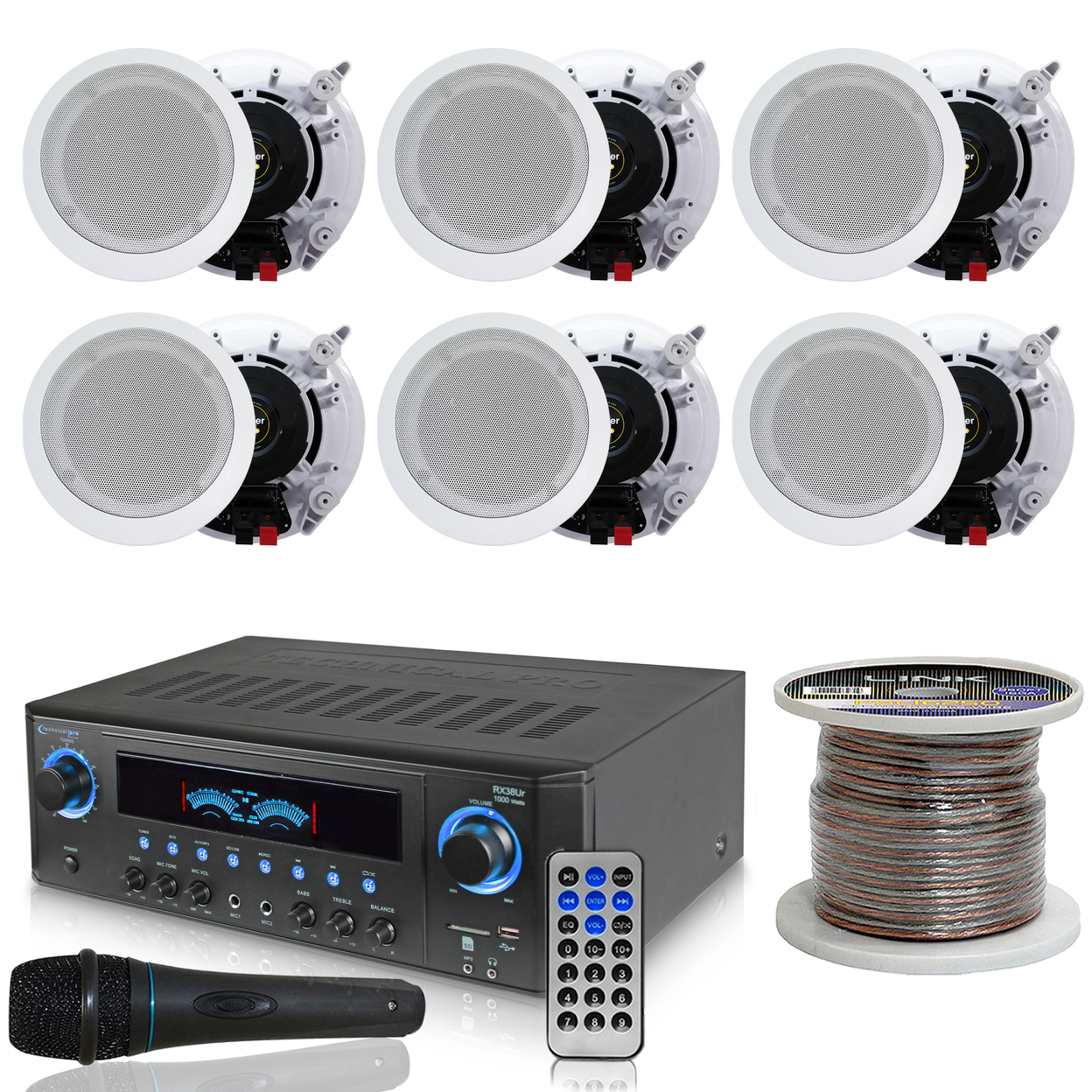 TPro 1000 W Home Stereo Receiver W 3 Pairs (Qty 6) Of 5.25 Ceiling Wall Mount Frame-less Speakers - Microphone & 16 Gauge 250 Ft. Zip Wire