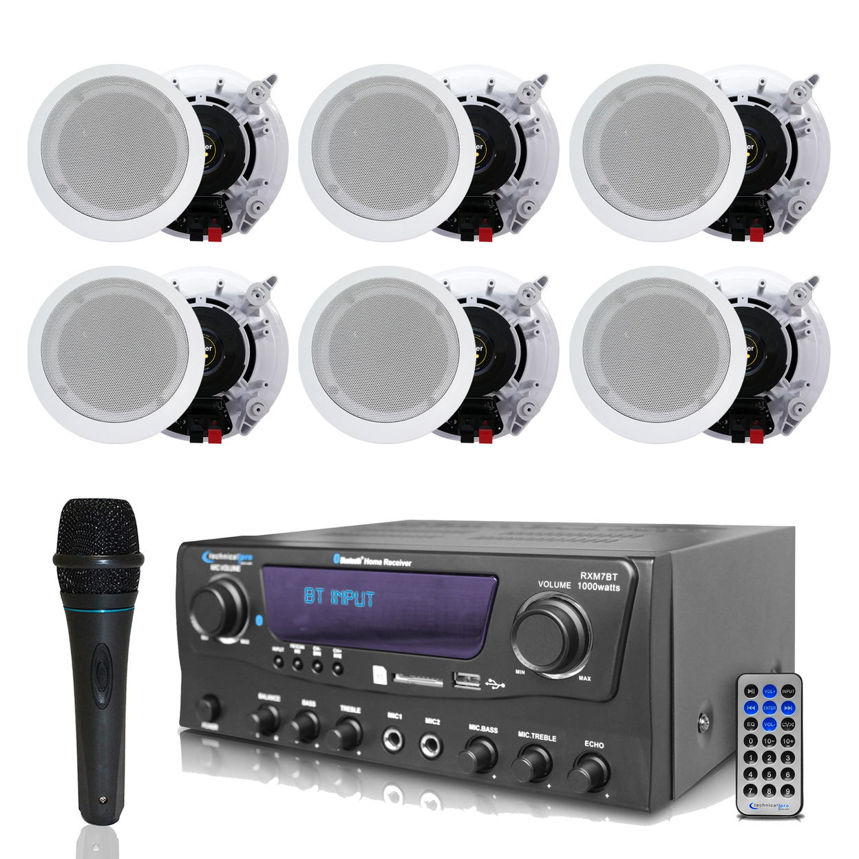 Technical Pro 1000 Watts Professional Bluetooth Receiver With Portable Microphone And (Qty 6) 5.25 Ceiling Wall Mount Frame-less Speakers