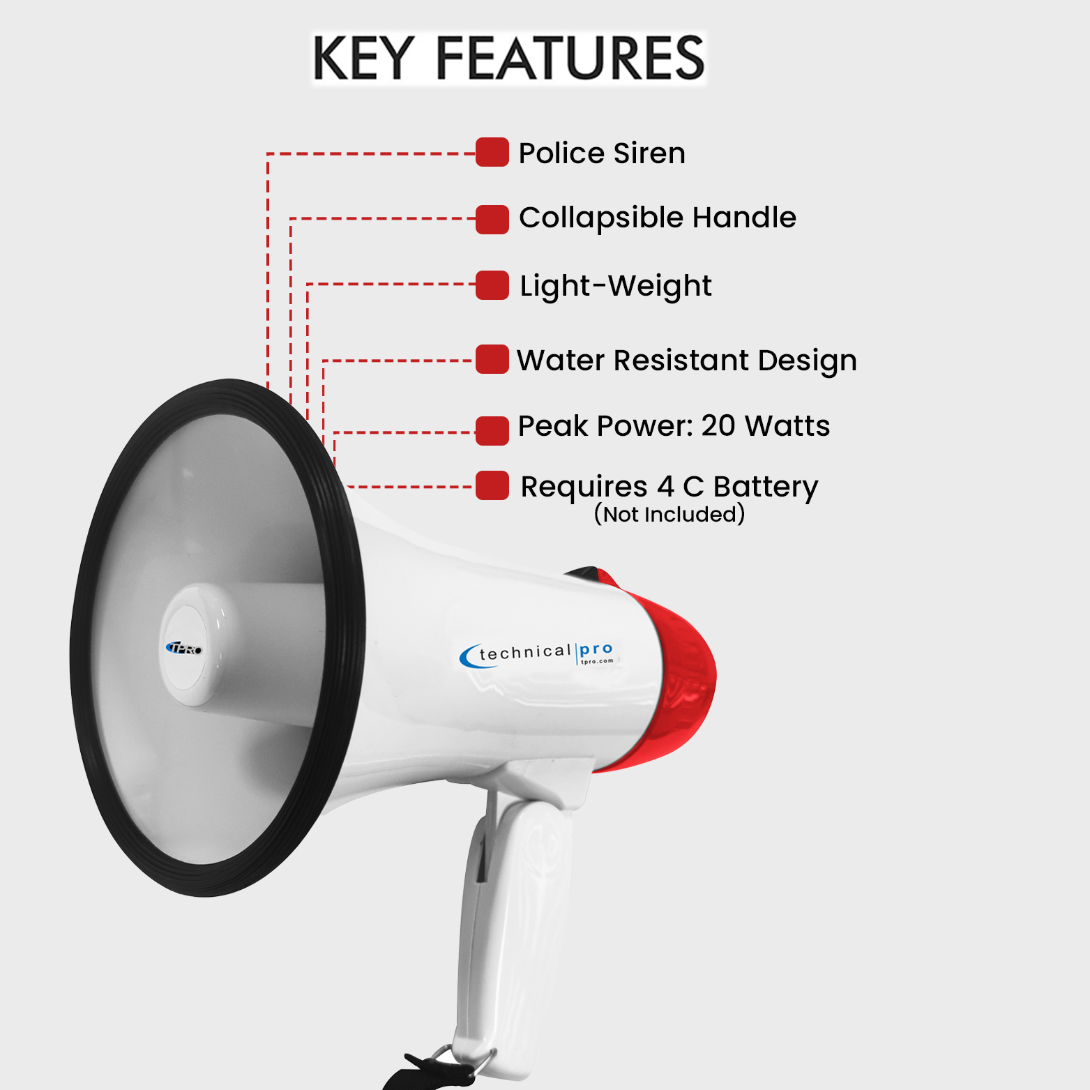 Technical Pro 40 Watts Lightweight Portable 300M Range White And Red Megaphone Bullhorn With Strap, Siren, And Volume Control