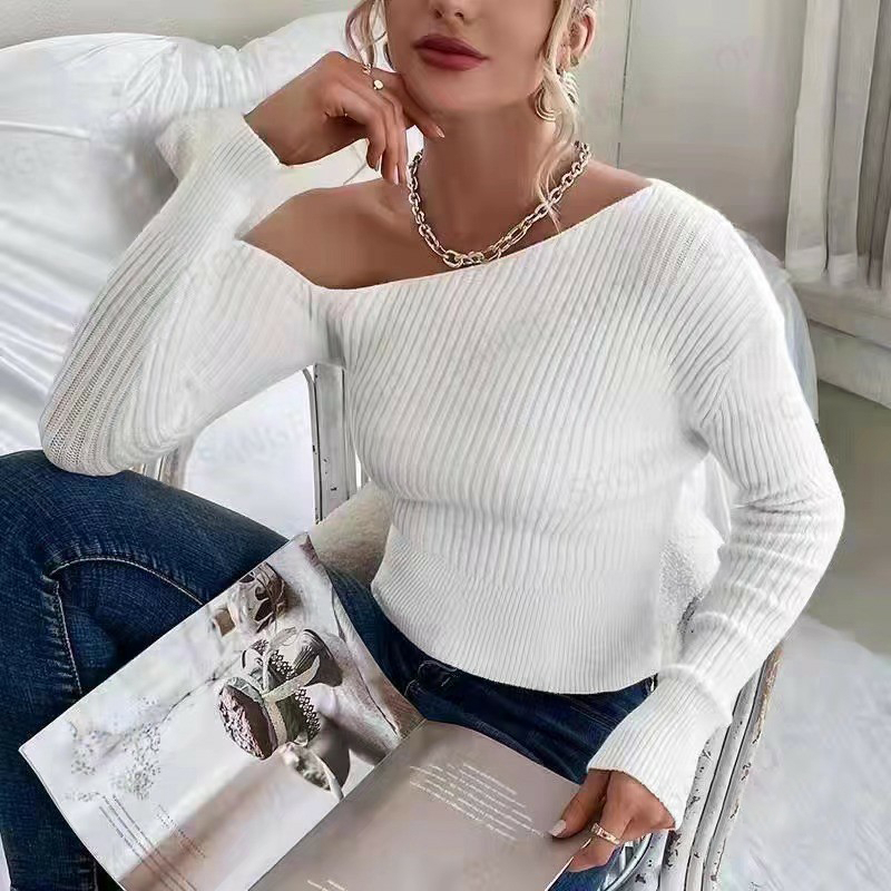 Ribbed Asymmetrical Neck Knit Crop Sweater, Sexy Cold Shoulder Long Sleeve Pullover Sweater, Women's Clothing - White, M