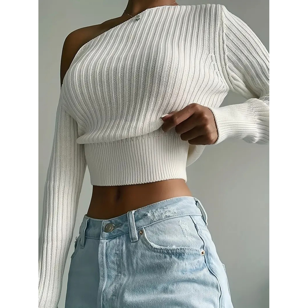 Ribbed Asymmetrical Neck Knit Crop Sweater, Sexy Cold Shoulder Long Sleeve Pullover Sweater, Women's Clothing - Beige, S