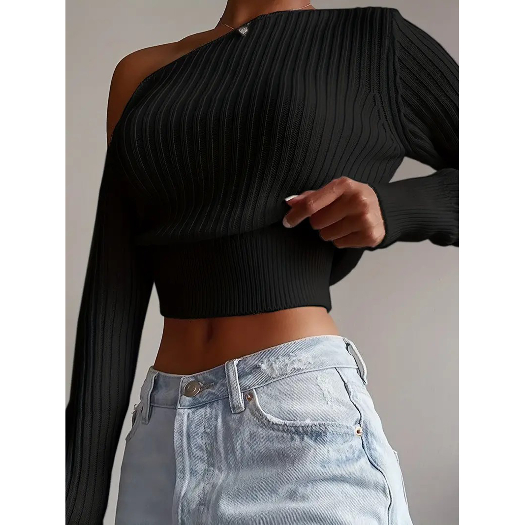 Ribbed Asymmetrical Neck Knit Crop Sweater, Sexy Cold Shoulder Long Sleeve Pullover Sweater, Women's Clothing - Black, XL