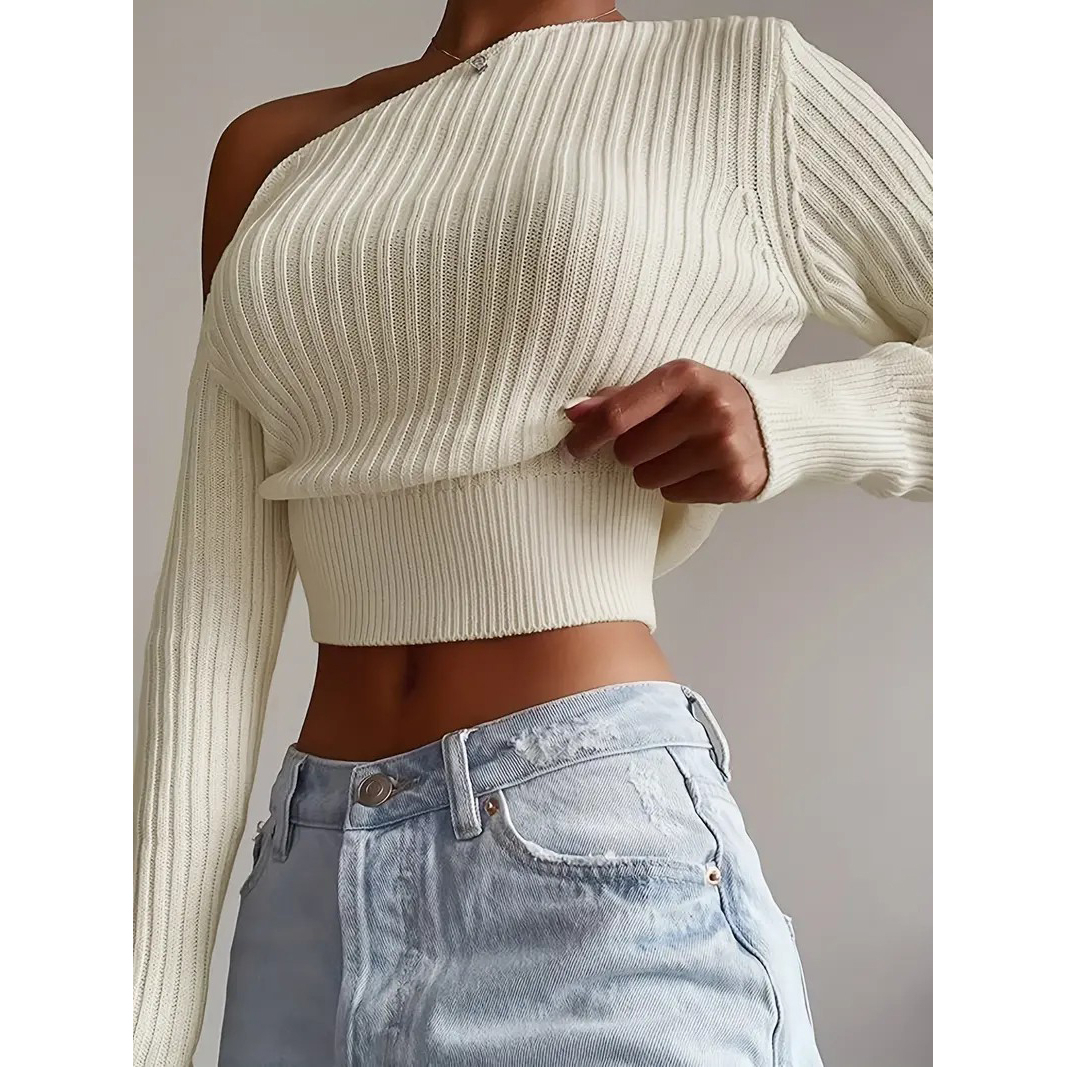 Ribbed Asymmetrical Neck Knit Crop Sweater, Sexy Cold Shoulder Long Sleeve Pullover Sweater, Women's Clothing - Beige, XS