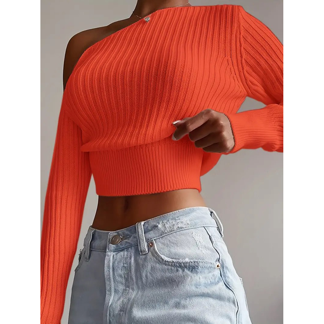 Ribbed Asymmetrical Neck Knit Crop Sweater, Sexy Cold Shoulder Long Sleeve Pullover Sweater, Women's Clothing - Orange, L