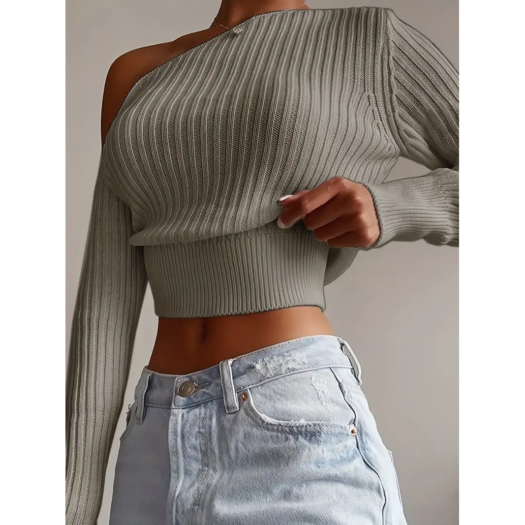 Ribbed Asymmetrical Neck Knit Crop Sweater, Sexy Cold Shoulder Long Sleeve Pullover Sweater, Women's Clothing - Grey, XL