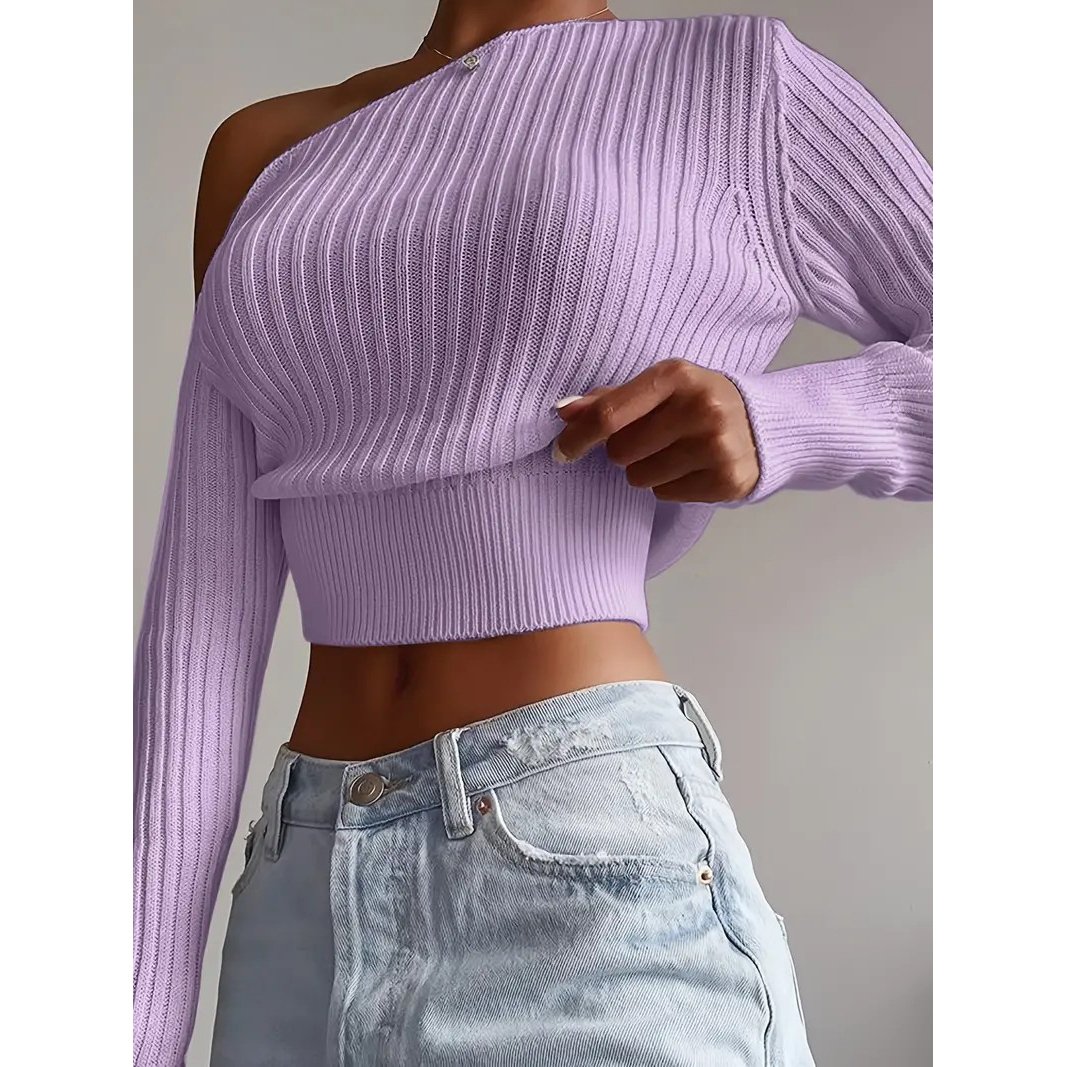 Ribbed Asymmetrical Neck Knit Crop Sweater, Sexy Cold Shoulder Long Sleeve Pullover Sweater, Women's Clothing - Purple, XL