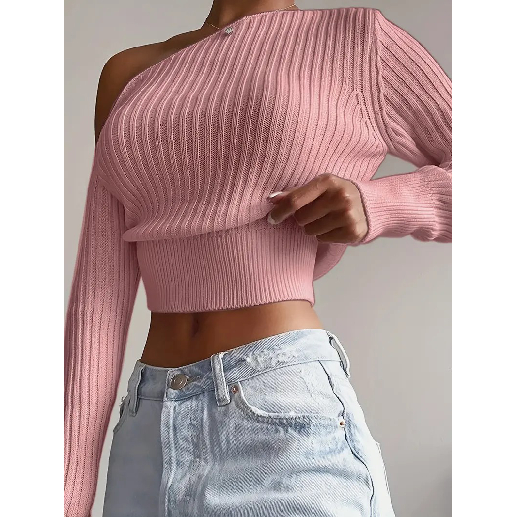 Ribbed Asymmetrical Neck Knit Crop Sweater, Sexy Cold Shoulder Long Sleeve Pullover Sweater, Women's Clothing - Pink, S