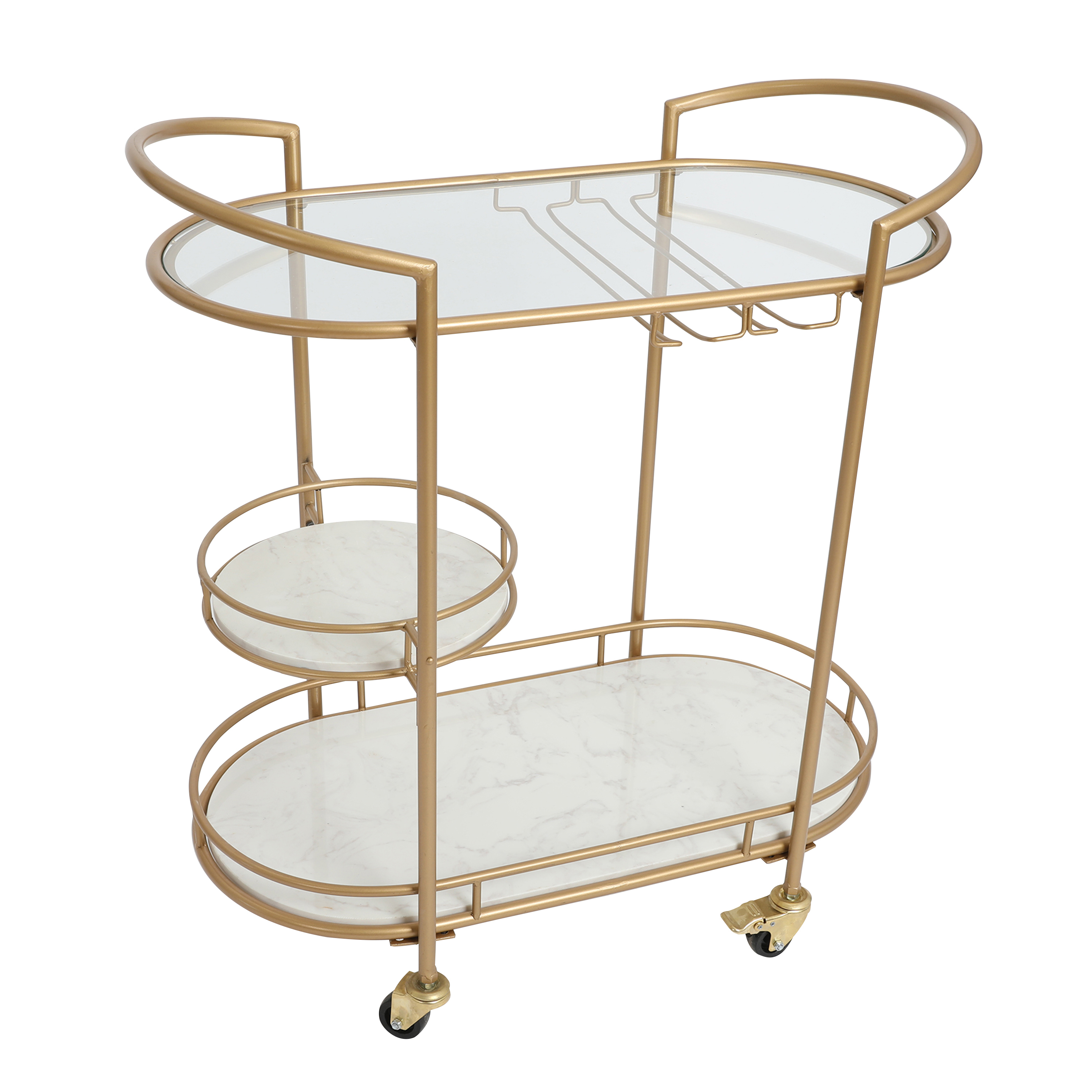 33 Inch Serving Cart, 3 Tier Glass And Marble Shelves, Gold Iron Frame, Lockable Casters - Saltoro Sherpi