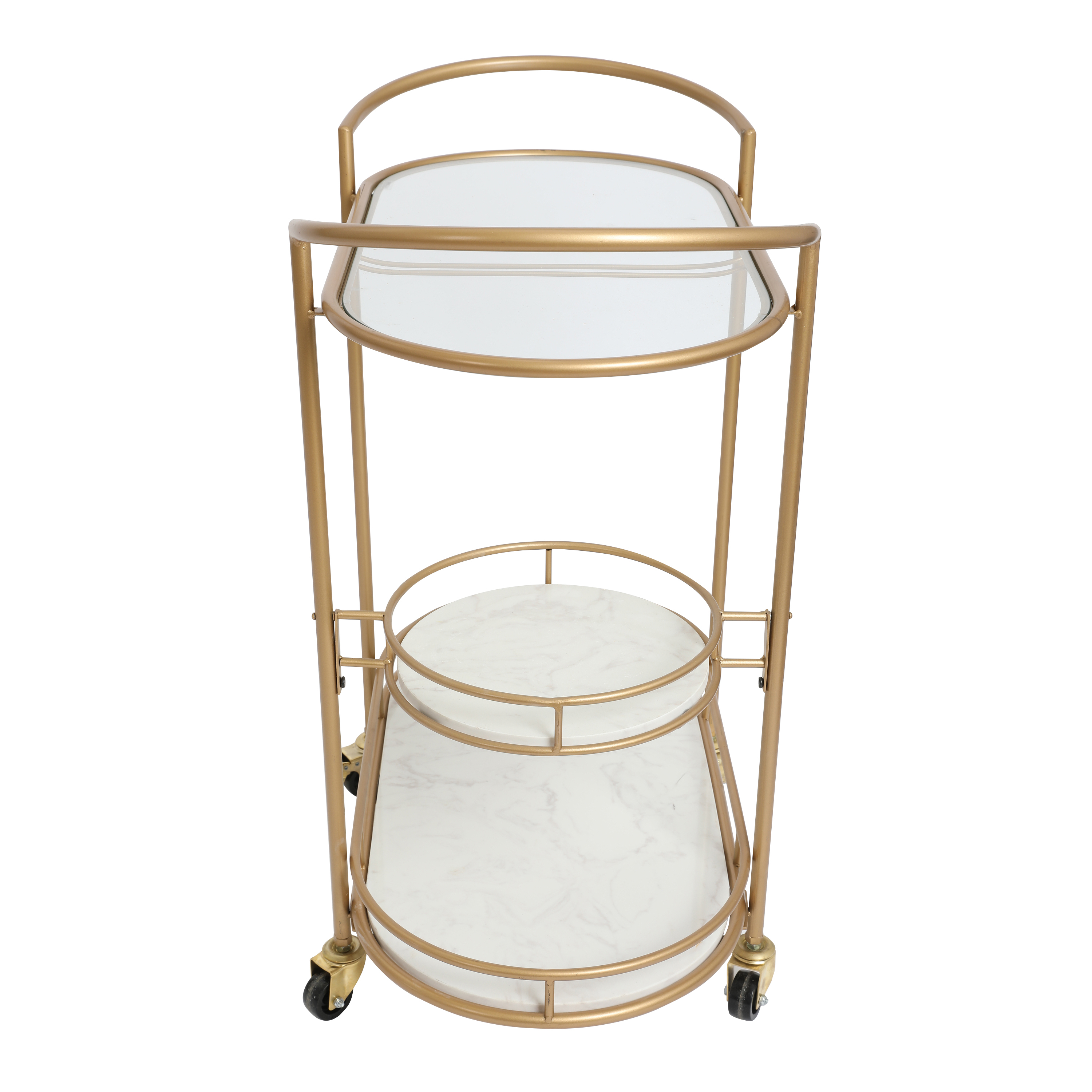33 Inch Serving Cart, 3 Tier Glass And Marble Shelves, Gold Iron Frame, Lockable Casters - Saltoro Sherpi