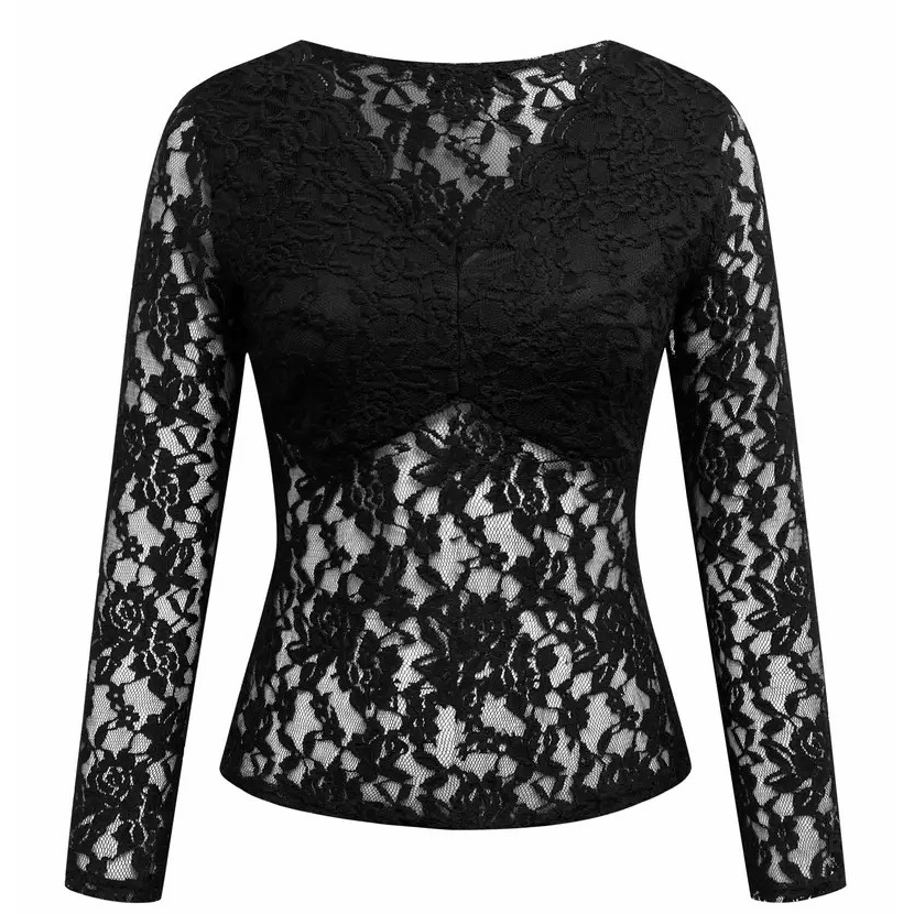 Solid Lace Blouse, Elegant V Neck Long Sleeve Slim Blouse, Women's Clothing - Black, XL