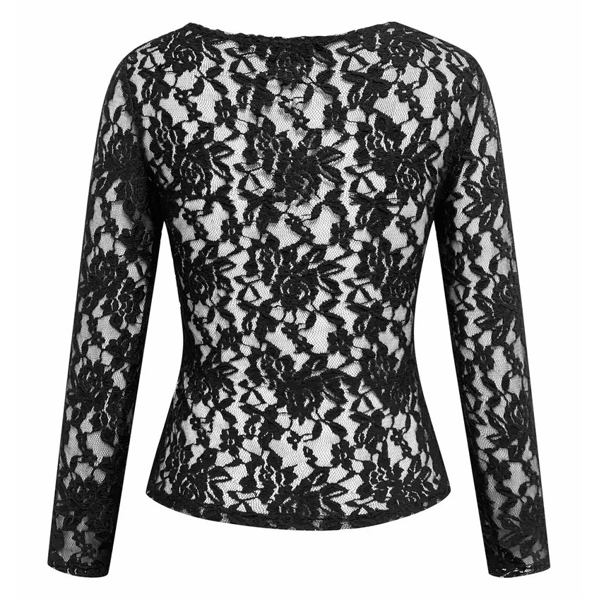 Solid Lace Blouse, Elegant V Neck Long Sleeve Slim Blouse, Women's Clothing - Black, S