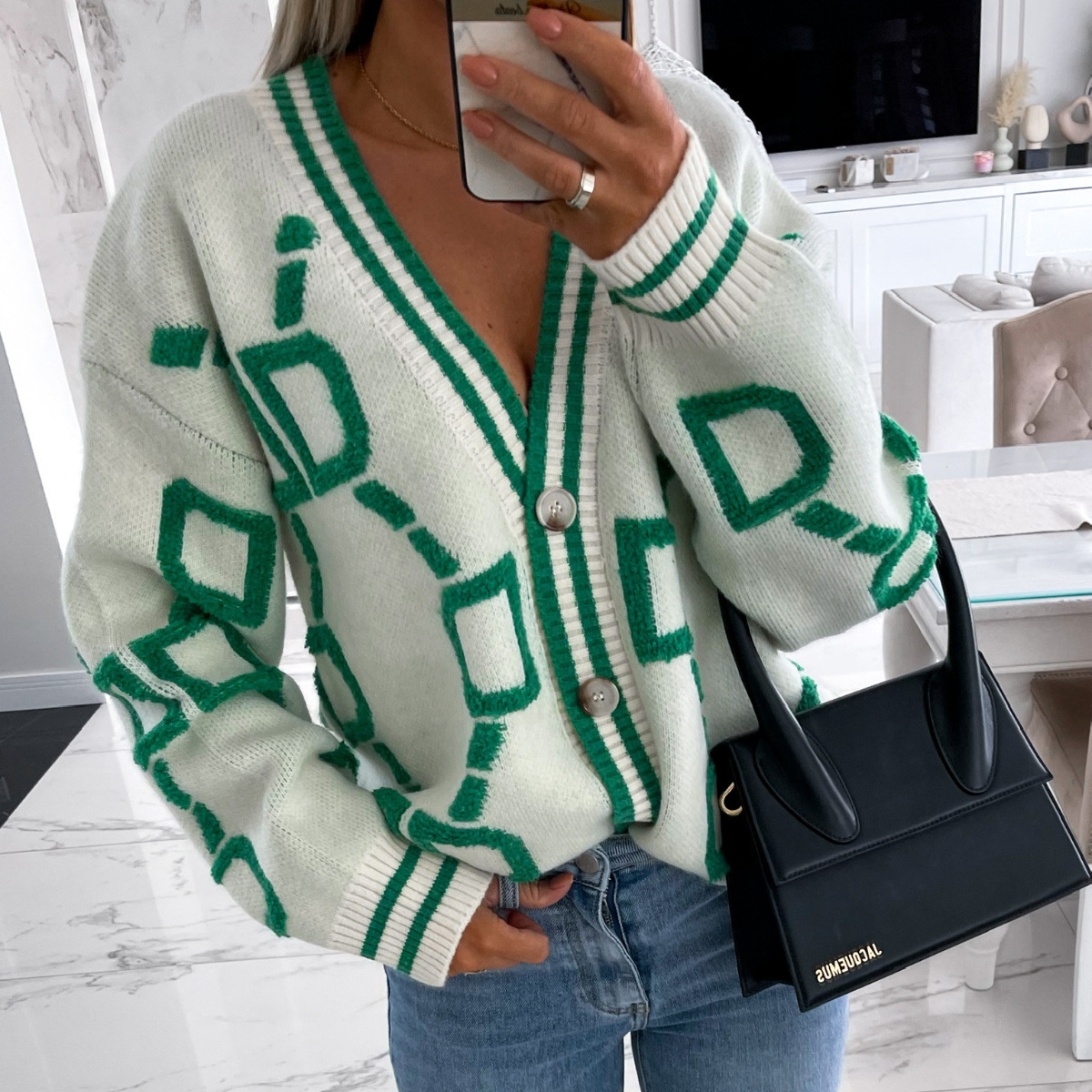 High Contrast Knit Cardigan, V-Neck Button Up Cardigan Sweater, Casual Tops For Fall & Winter, Women's Clothing - White, L