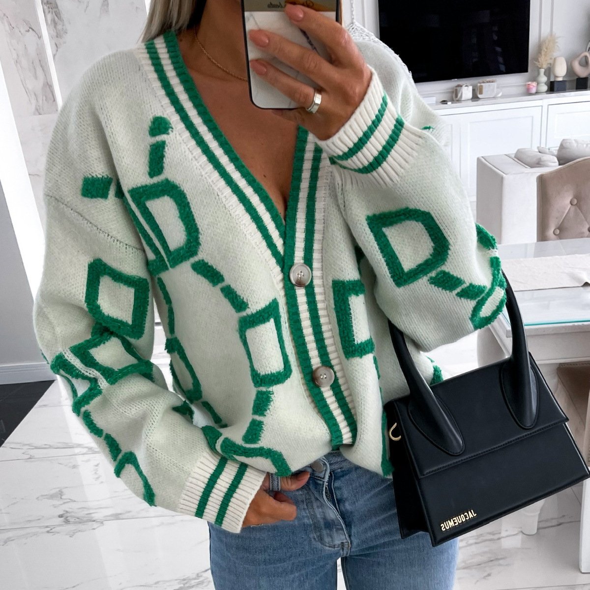 High Contrast Knit Cardigan, V-Neck Button Up Cardigan Sweater, Casual Tops For Fall & Winter, Women's Clothing - White, M