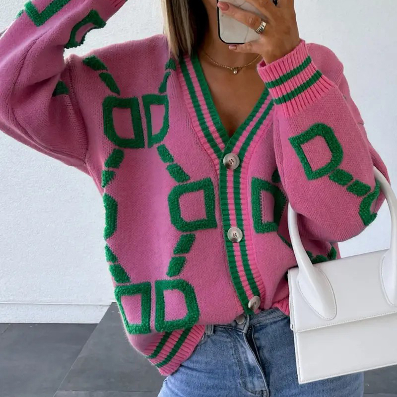 High Contrast Knit Cardigan, V-Neck Button Up Cardigan Sweater, Casual Tops For Fall & Winter, Women's Clothing - Pink, M
