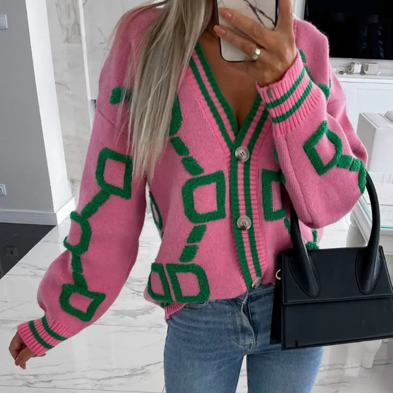 High Contrast Knit Cardigan, V-Neck Button Up Cardigan Sweater, Casual Tops For Fall & Winter, Women's Clothing - Pink, L