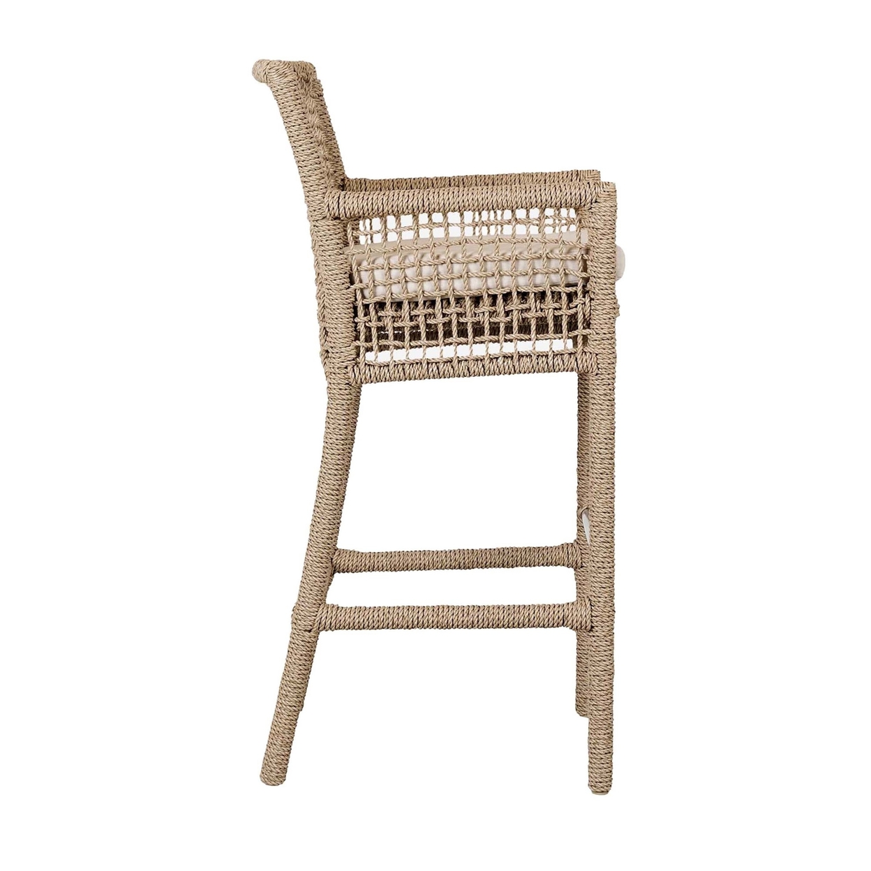Zev 31 Inch Outdoor Bar Stool Chair, Rope Woven, Ivory Olefin Fabric Seat- Saltoro Sherpi