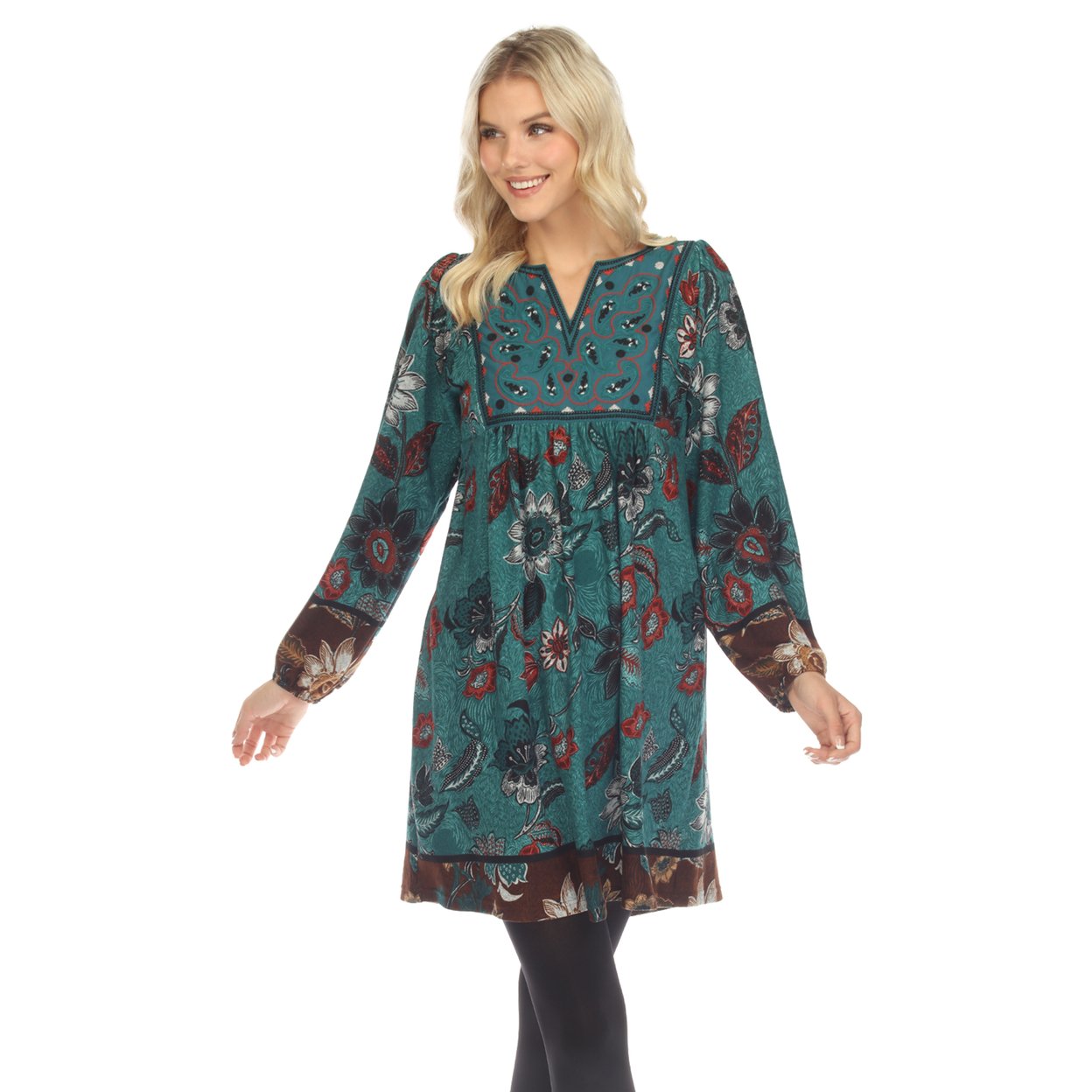 White Mark Women's Floral Paisley Sweater Dress - Teal, 1x