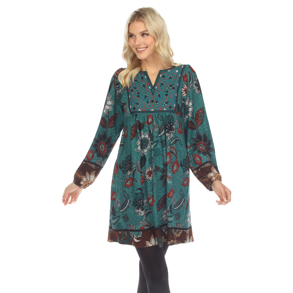 White Mark Women's Floral Paisley Sweater Dress - Teal, Large
