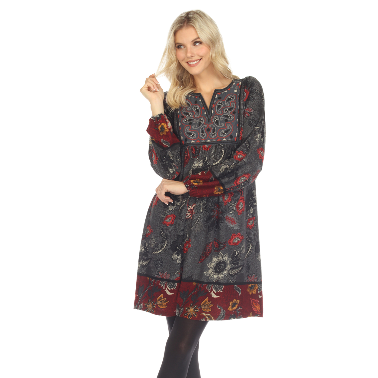 White Mark Women's Floral Paisley Sweater Dress - Grey/red, X-large