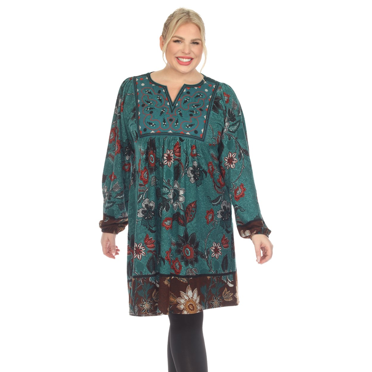 White Mark Women's Floral Paisley Sweater Dress - Teal, 1x