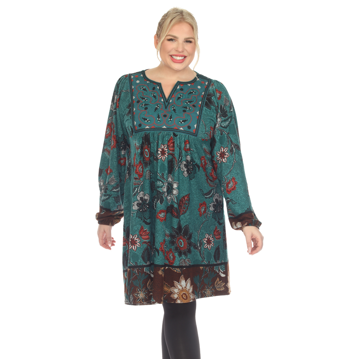 White Mark Women's Floral Paisley Sweater Dress - Teal, 2x