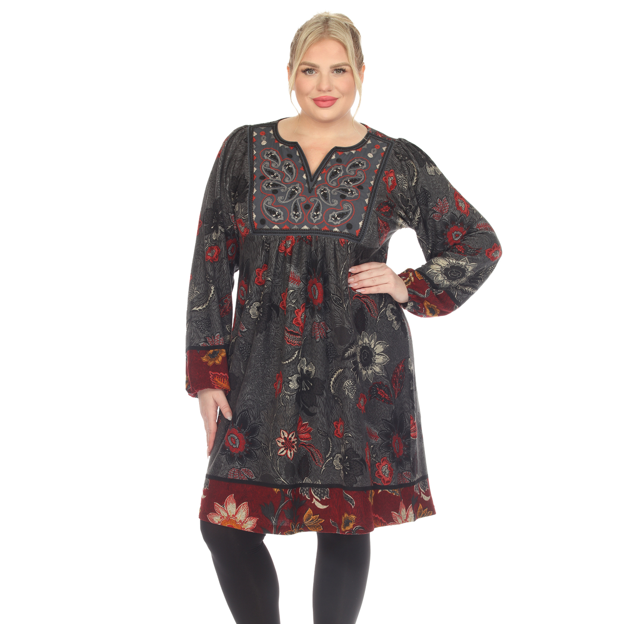 White Mark Women's Floral Paisley Sweater Dress - Grey/red, 3x