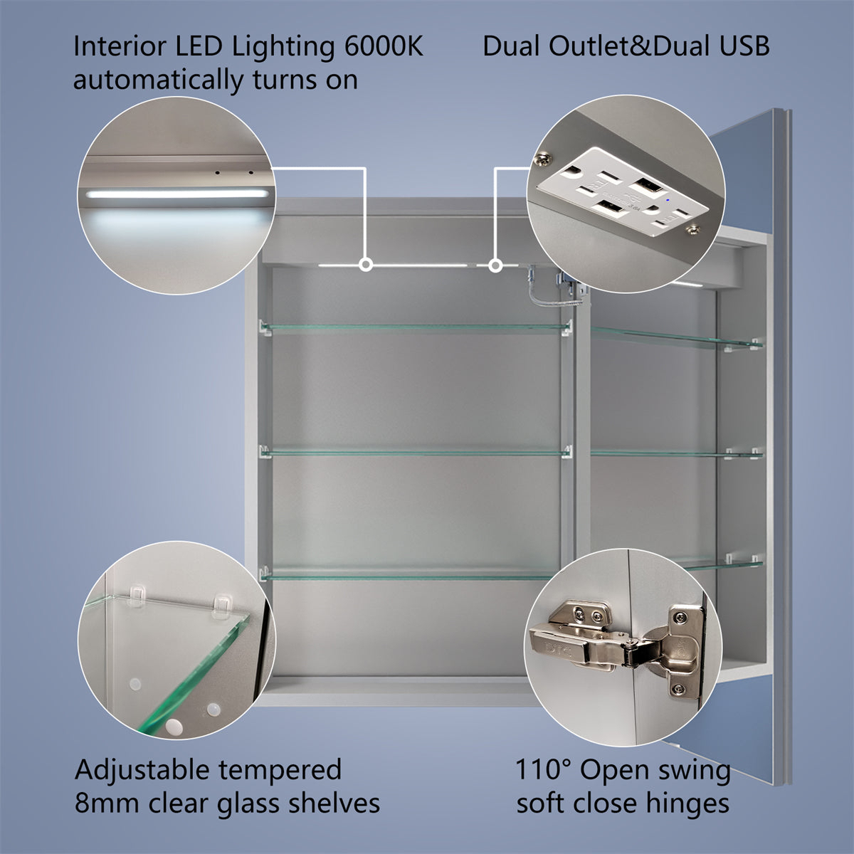 Rim 20 W X 30 H Lighted Medicine Cabinet Recessed Or Surface Led Medicine Cabinet With Outlets & USBs - Hinge On Righ Side
