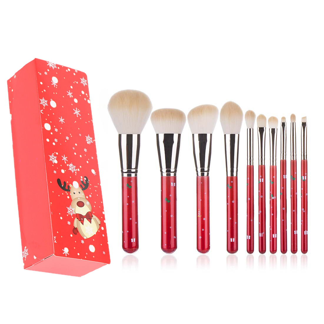 10pcs In 1 Christmas Makeup Brush Set With Powder Brush, Foundation Brush, Contour Brush, Highlight Brush, Eye Shadow Brush, Fully Functiona