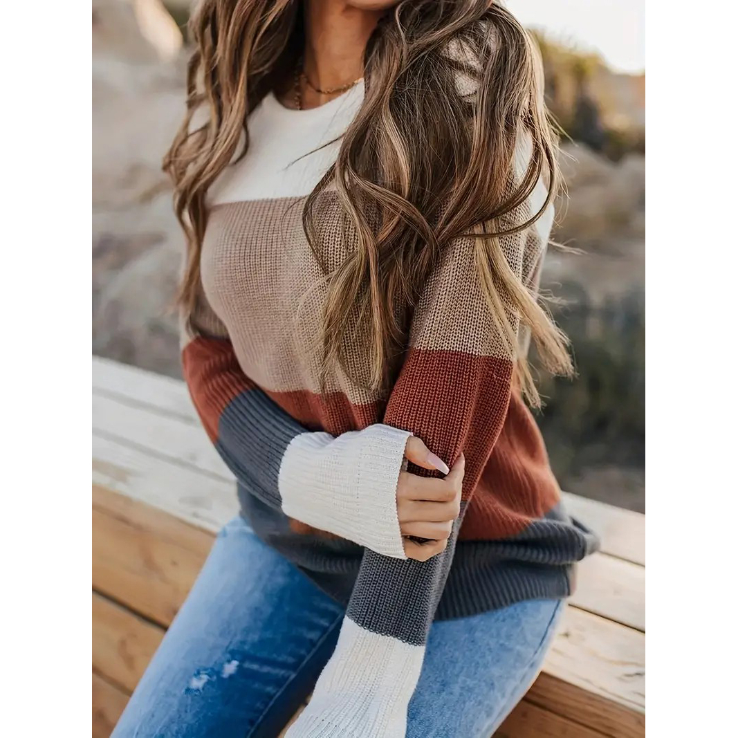 Striped Pattern Knitwear Tops, Crew Neck Long Sleeve Pullover Sweaters, Color Block Shirts, Women's Clothing - Brown, XXL