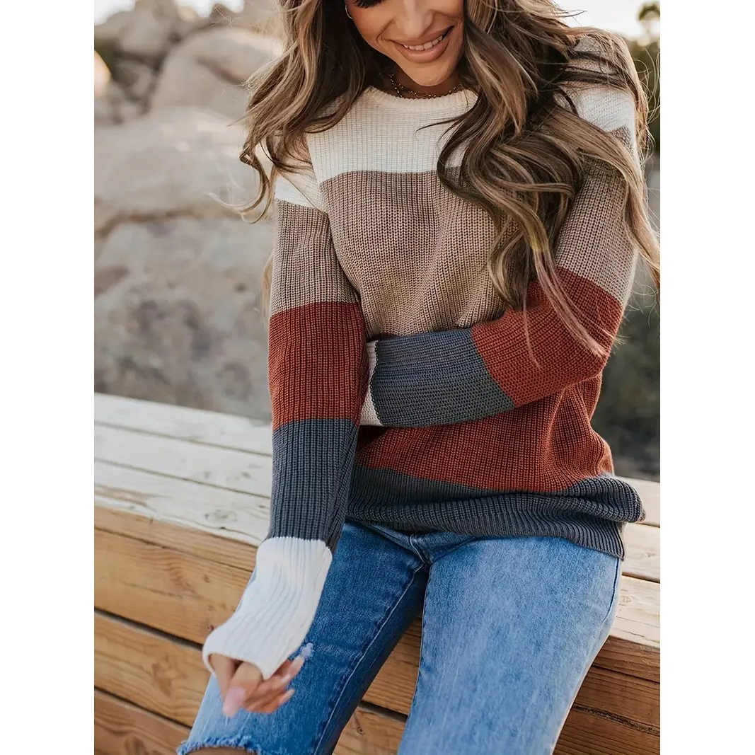 Striped Pattern Knitwear Tops, Crew Neck Long Sleeve Pullover Sweaters, Color Block Shirts, Women's Clothing - Brown, L