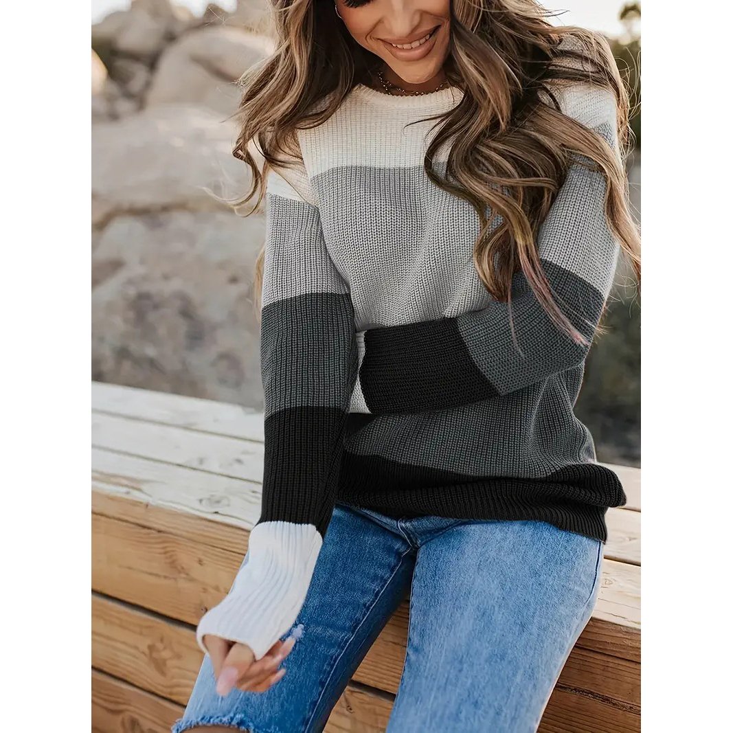 Striped Pattern Knitwear Tops, Crew Neck Long Sleeve Pullover Sweaters, Color Block Shirts, Women's Clothing - Dark Gray, L