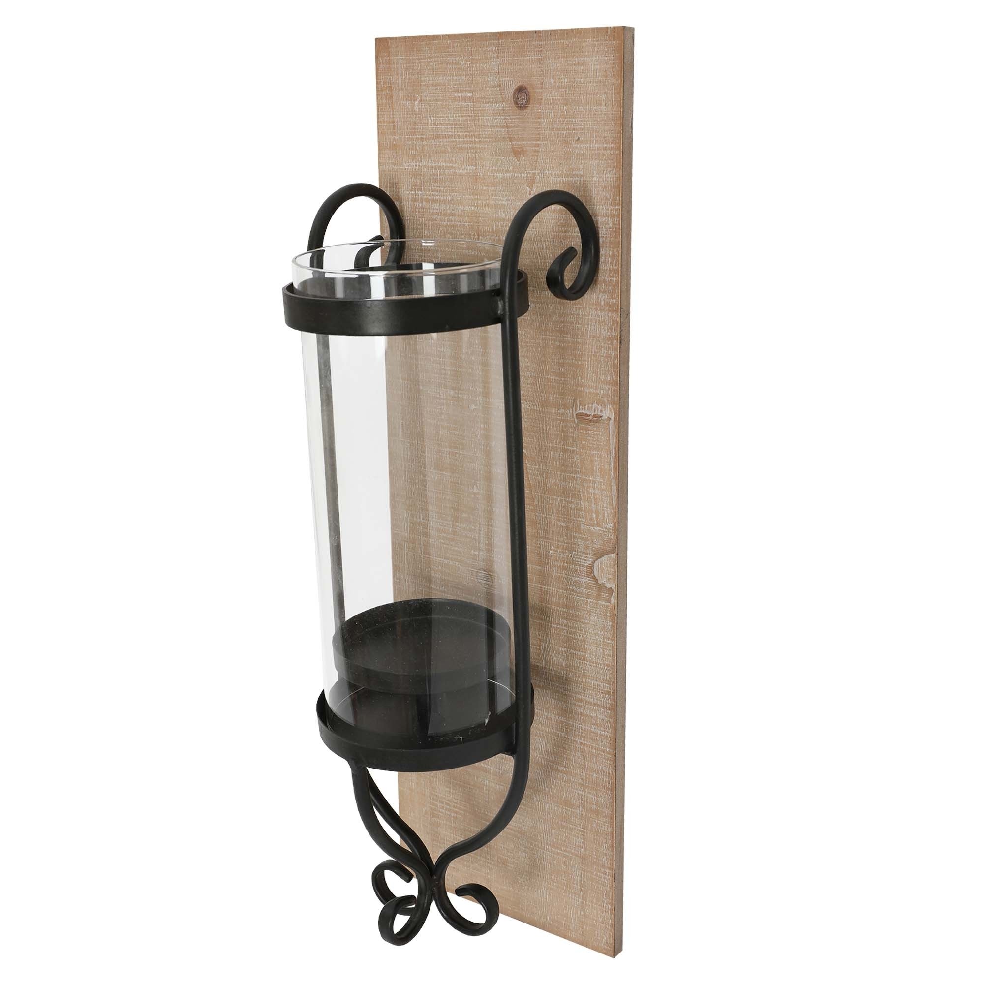 21 Inch Industrial Wall Mount Wood Candle Holder With Glass Hurrican, Set Of 2, Black - Saltoro Sherpi