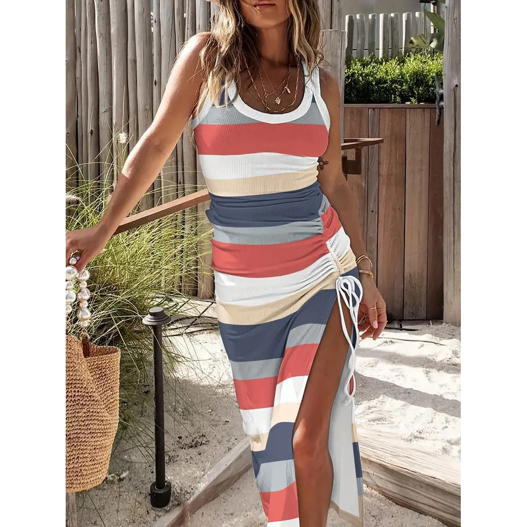 Striped Print Drawstring Dress, Casual Crew Neck Sleeveless Split Summer Dress, Women's Clothing - Mixed Colors, L