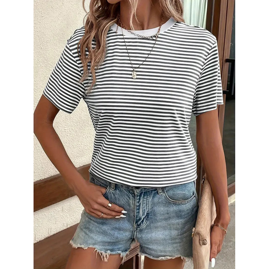 Stripes Print T-shirt, Casual Short Sleeve Crew Neck Top For Spring & Summer, Women's Clothing - M