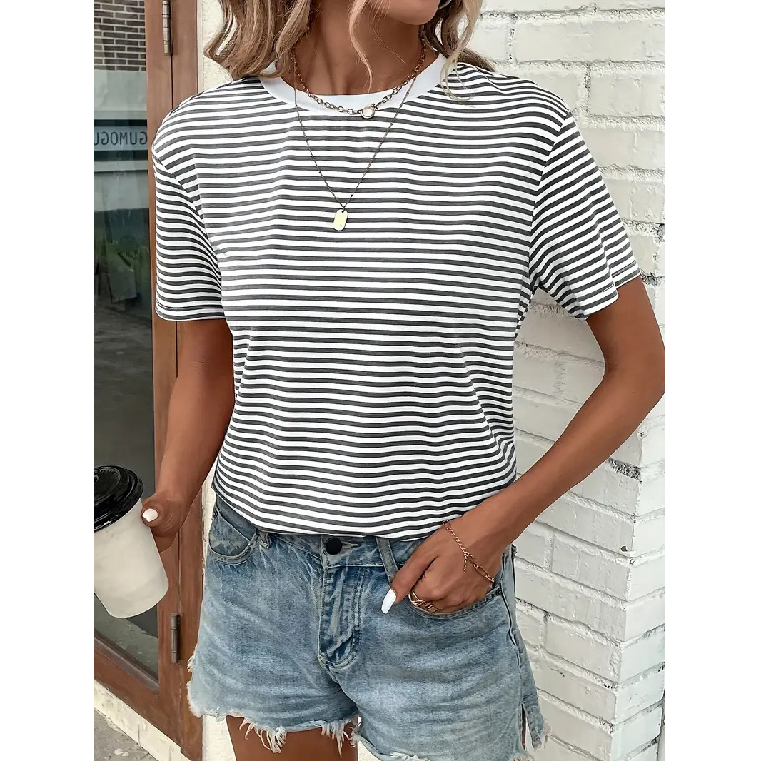 Stripes Print T-shirt, Casual Short Sleeve Crew Neck Top For Spring & Summer, Women's Clothing - L