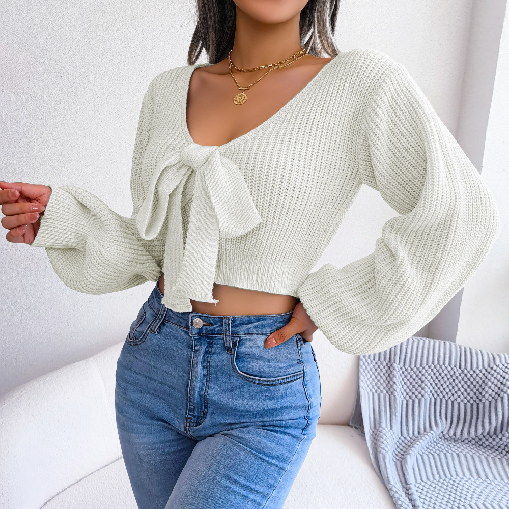 Sexy Bowknot V Neck Crop Sweater, Casual Lantern Long Sleeve Loose Fall Winter Knit Sweater, Women's Clothing - Rose Red, M