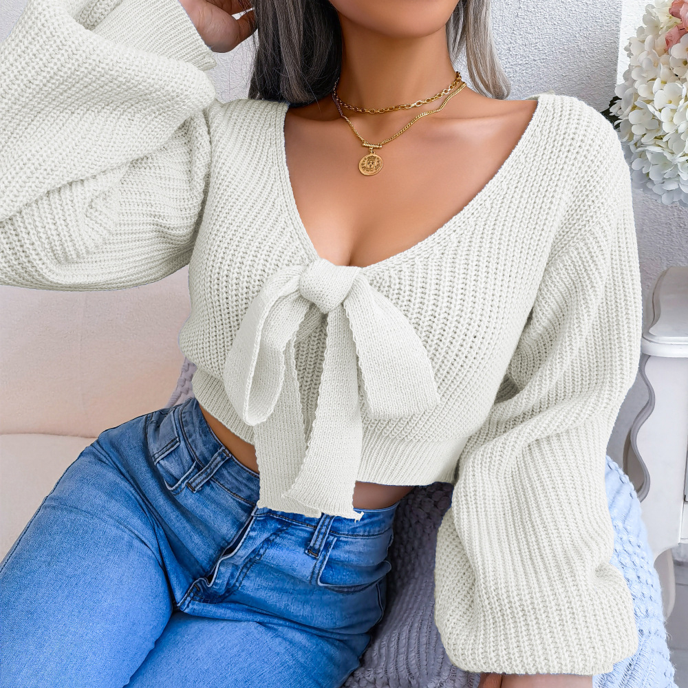 Sexy Bowknot V Neck Crop Sweater, Casual Lantern Long Sleeve Loose Fall Winter Knit Sweater, Women's Clothing - White, M