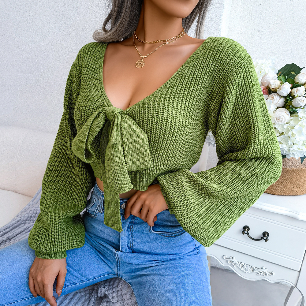 Sexy Bowknot V Neck Crop Sweater, Casual Lantern Long Sleeve Loose Fall Winter Knit Sweater, Women's Clothing - Green, L
