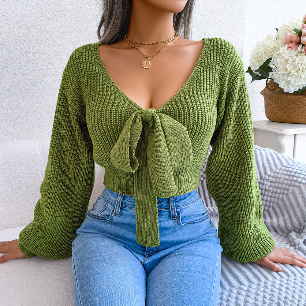 Sexy Bowknot V Neck Crop Sweater, Casual Lantern Long Sleeve Loose Fall Winter Knit Sweater, Women's Clothing - Green, M