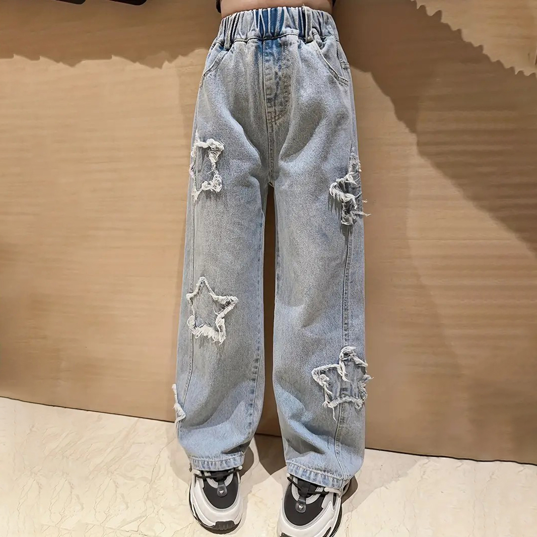 Girls' Trendy Stars Patch High Waist Retro Style Wide Leg Jeans - 13-14Y
