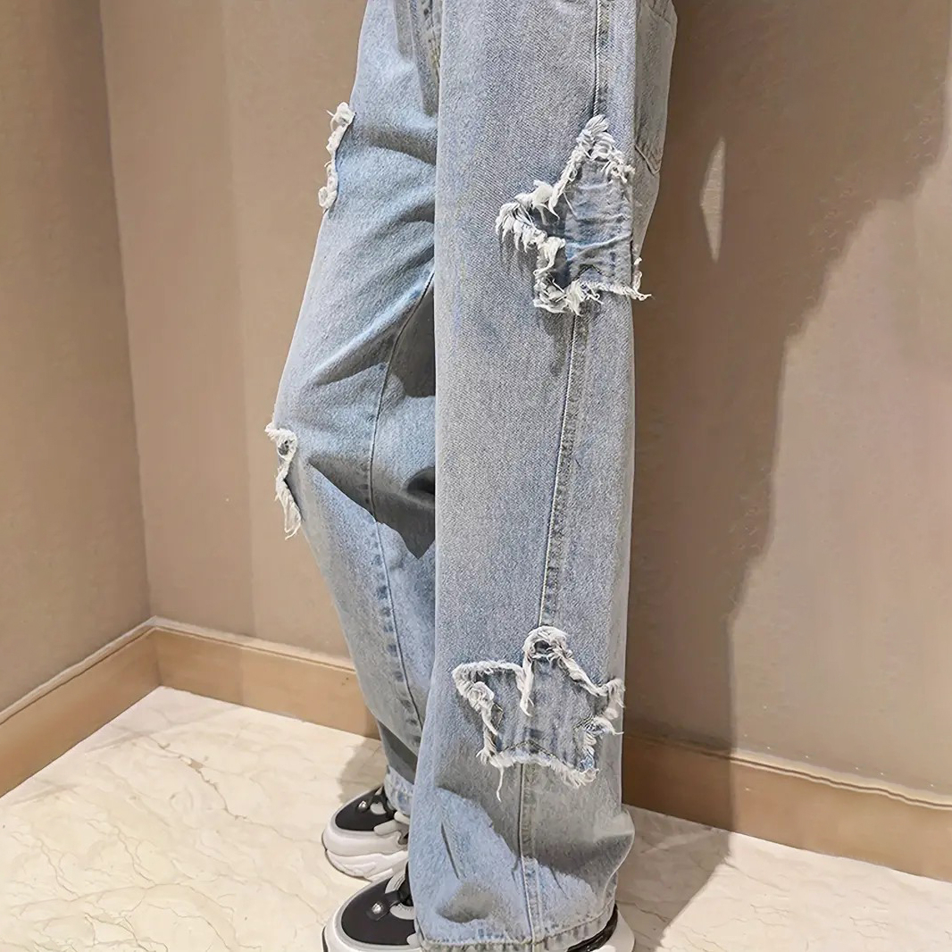 Girls' Trendy Stars Patch High Waist Retro Style Wide Leg Jeans - 7-8Y