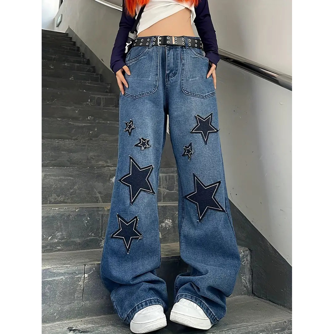 Star Patch Baggy Loose Boyfriend Jeans, Dark Wash Zipper Button Closure Slash Pocket Wide Leg Denim Pants, Street Y2k Style, Women's Jeans -
