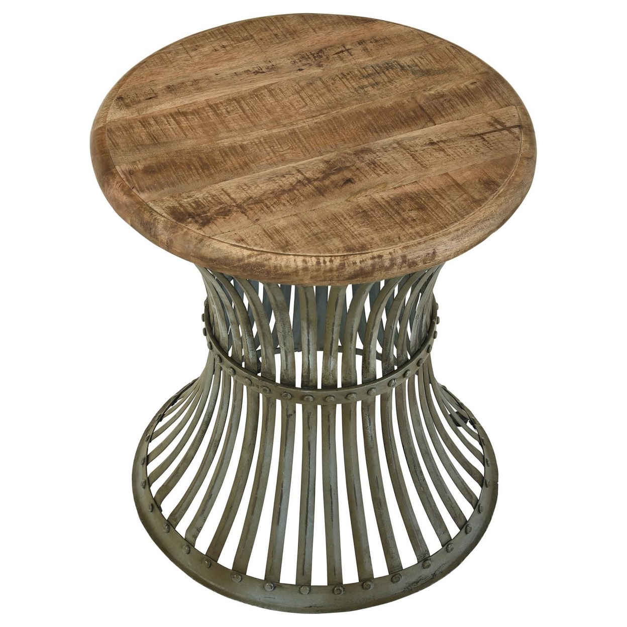 24 Inch Wood Round Accent Table With Hourglass Metal Base, Distressed Blue - Saltoro Sherpi