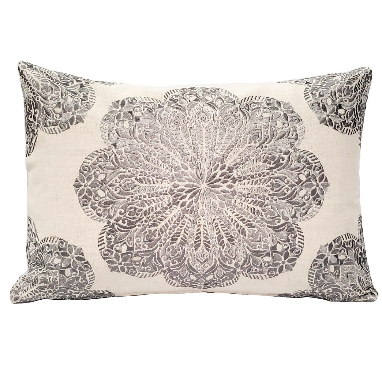 Mancini Natural And Gray Medallion Embroidered Throw Pillow 16x24, With Polyfill Insert